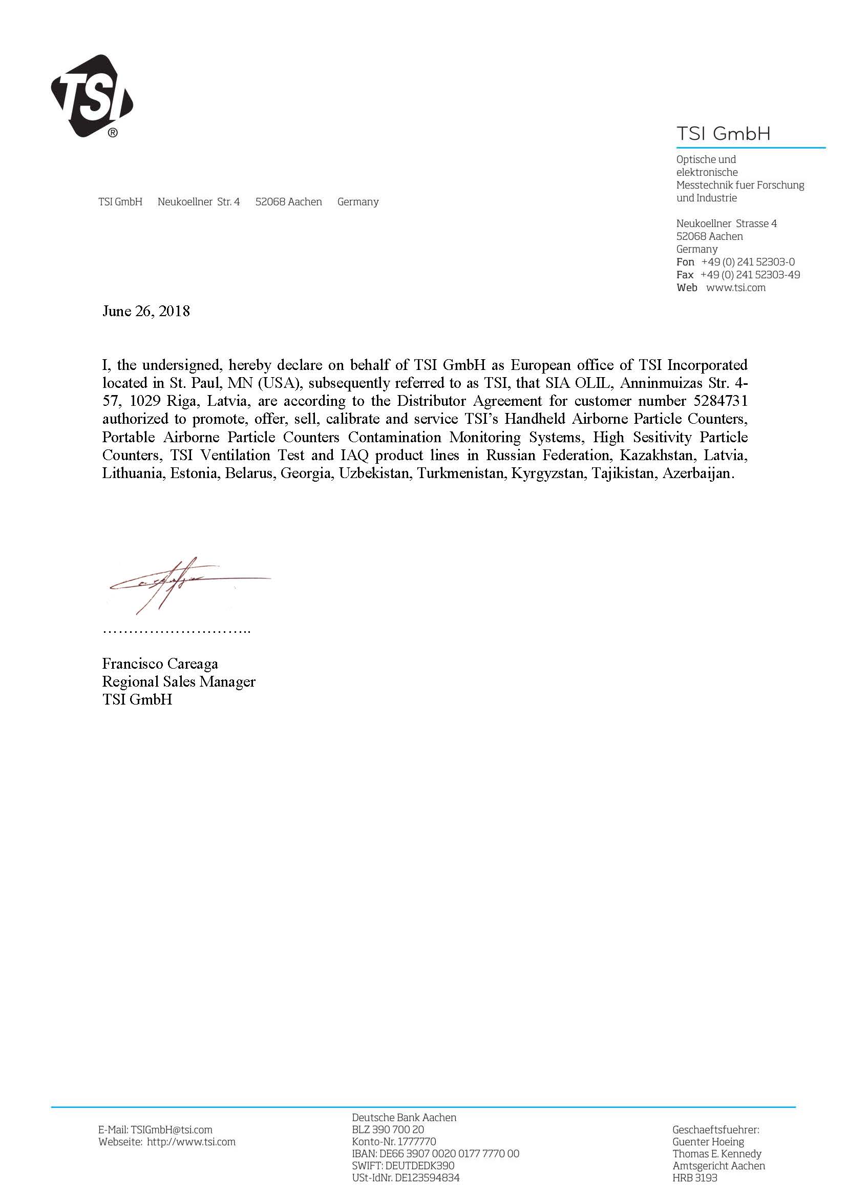 Сертификат официального дистрибьютора TSI в России